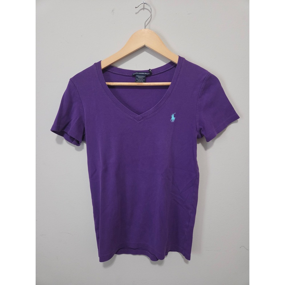 Ralph Lauren Sport Womens Purple V-Neck Short Sleeve Cotton Pony Logo Tee XL